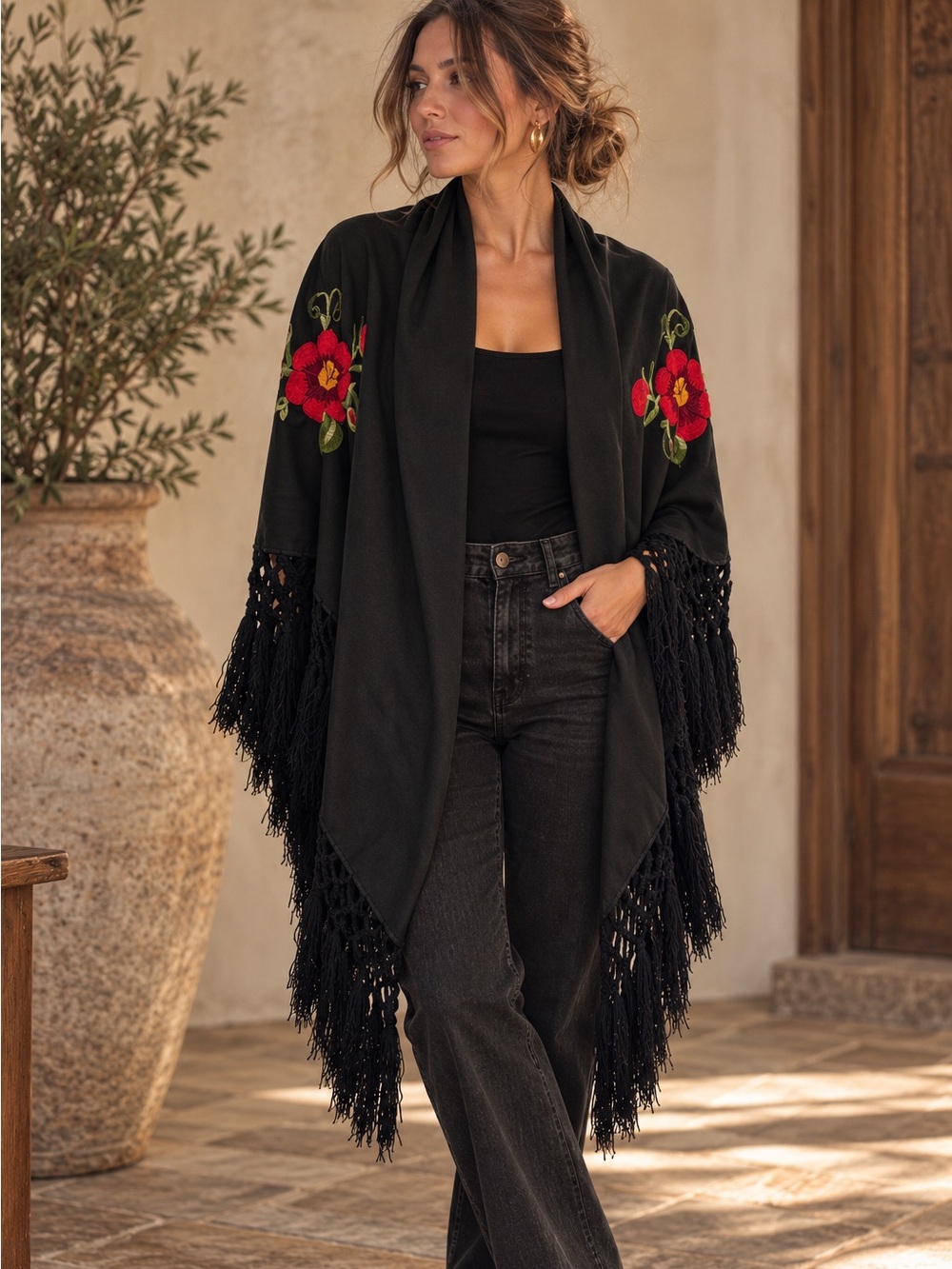 Black Red Embroidered Floral Fringe Shawl Spanish Revival Flamenco Romantic Boho